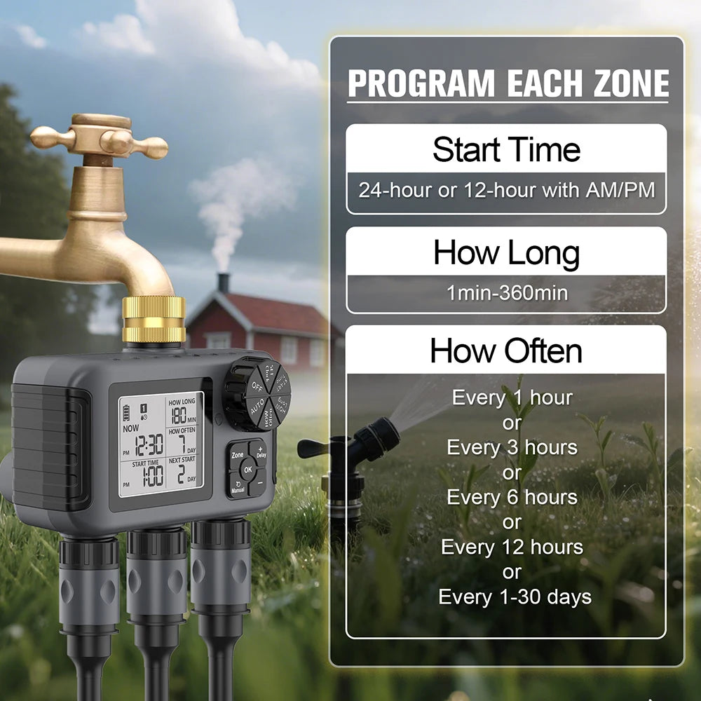 3 Outlets Smart Irrigation Watering System Copper Faucet Hose Sprinkle Automatic Water Timer IPX5 3-Zone Digital Water Timer