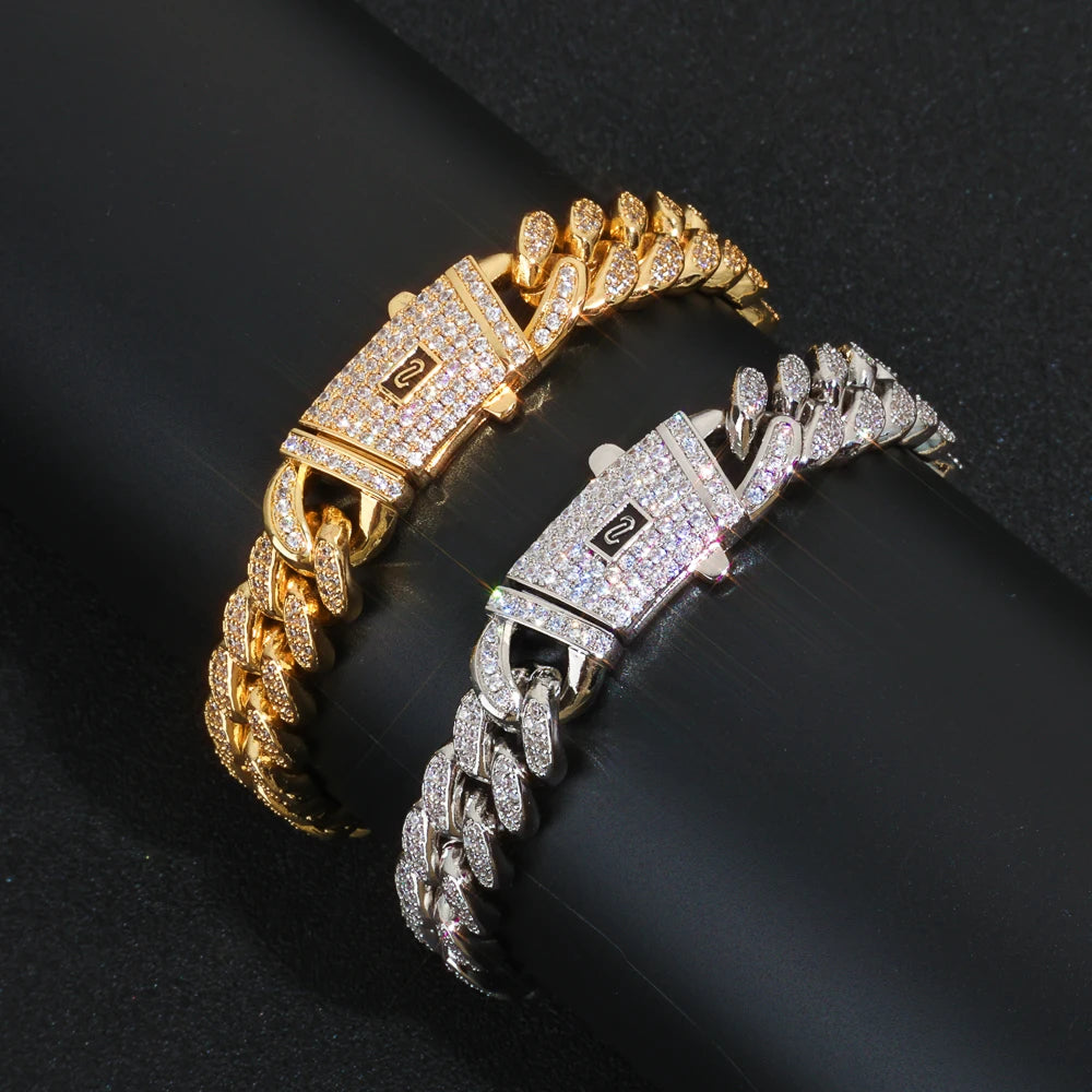 HHIOK Fashion 12mm Iced Monaco Cuban Bracelet Miami Double Row Inlaid Cubic Zirconia Hip-Hop Style For Men And Women
