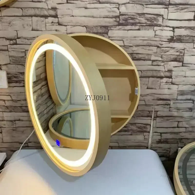 Nordic LED Smart Bathroom Mirror Cabinets Solid Wood Oval Bathroom Wall Hanging Round Vanity Mirrors with Storage Shelf b
