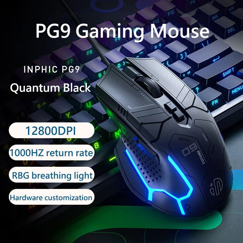 Inphic PG9 Wired Mouse 75g Lightweight Gaming Mouse for Esports Games 12800DPI 6 Buttons RGB light effect