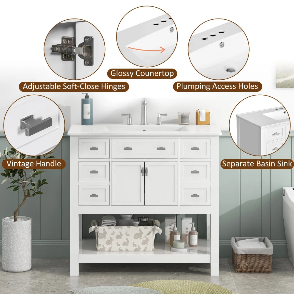 36'' Bathroom Vanity with Top Sink, Modern Bathroom Storage Cabinet with 2 Soft Closing Doors and 6 Drawers, Single Sink