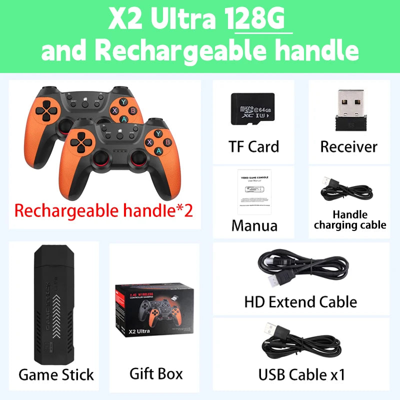 X2 Ultra Video Game Stick Console Or ONLY 64G Retro Games Christmas Gift 2.4G Double Wireless Controller 4K HD30000 Games