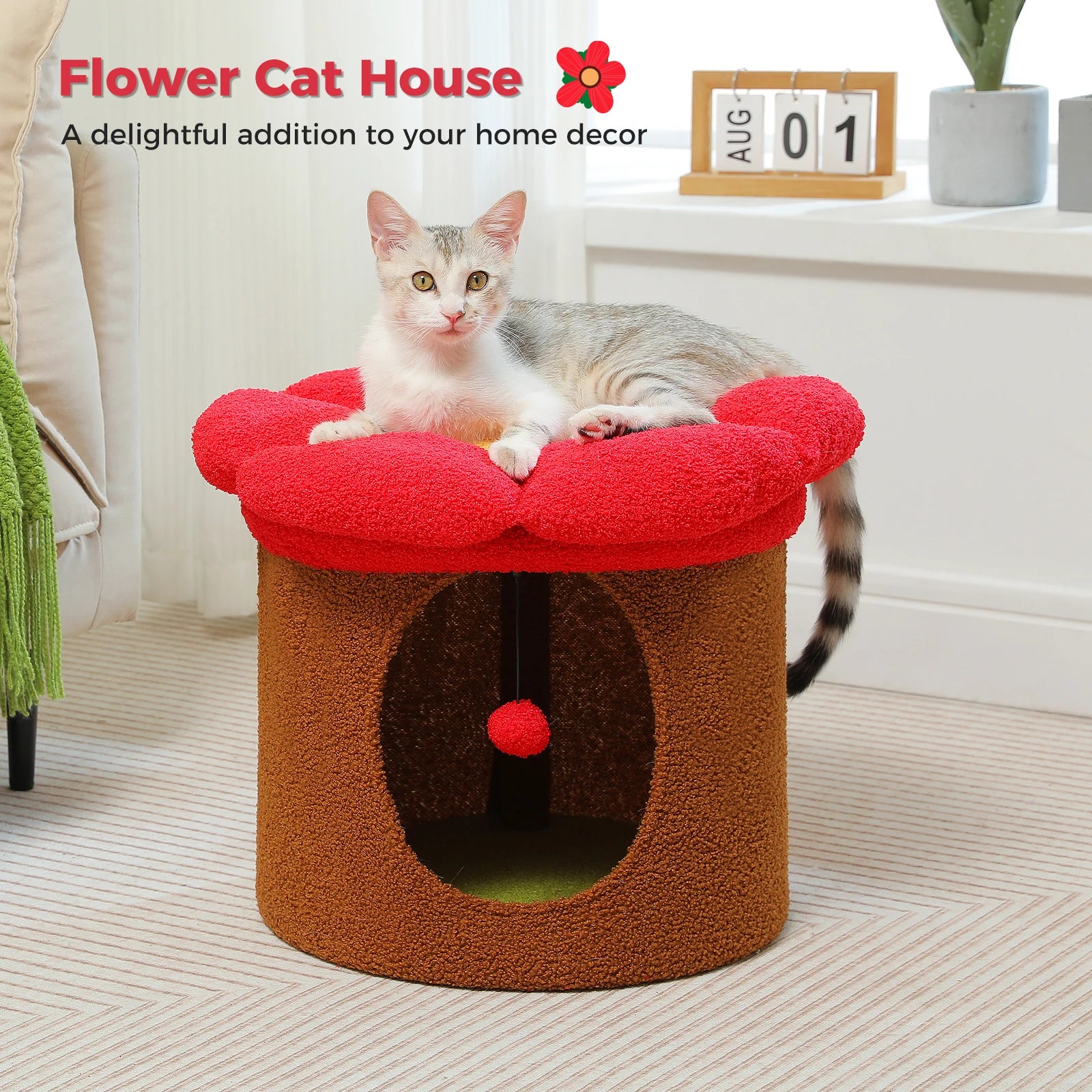 Flower Cat House with Pompom Ball, Double-Deck, Large Cat Condo, Bed with Soft Flower Perch, Spacious Cozy Condo for Multi Cats