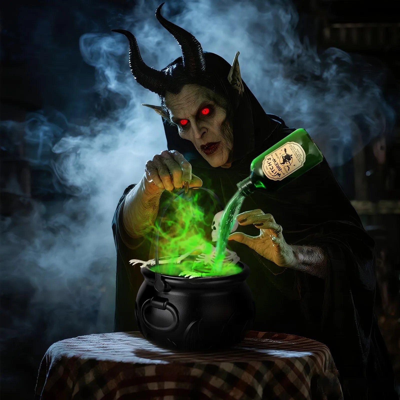 Spooky Witch Mist Maker Cauldron with Floating Bottle Plastic Cauldron & Skeleton Halloween Decor Cauldron Horror House Decor