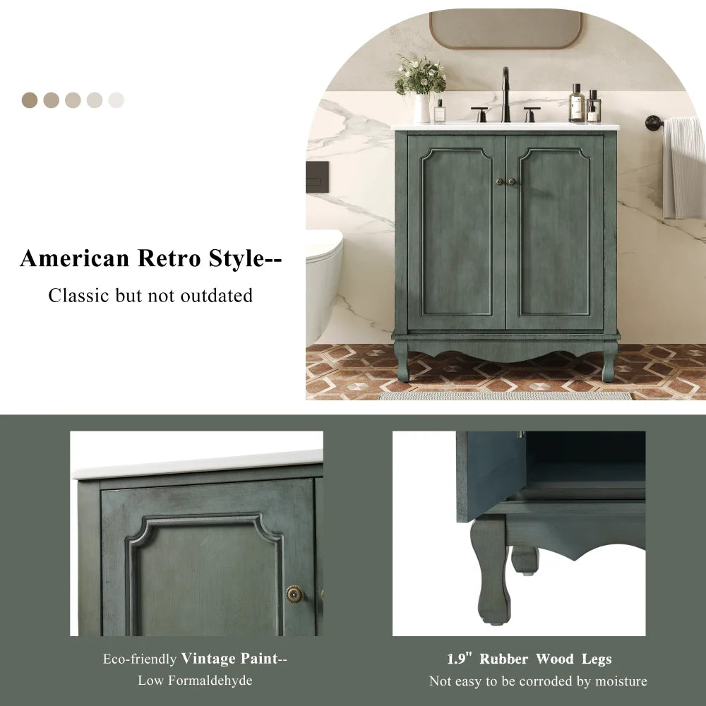 30" Vintage Bathroom Vanity with Rectangle Ceramic Sink,  Bathroom Vanity Cabinet with Antique Handles and 2 Doors, Bathroom