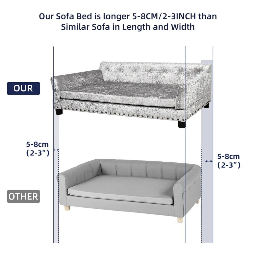 Deluxe-Hundecouchbett, silbernes holländisches Samtpolstersofa mit abnehmbarem Kissen für mittelgroße bis große Hunde