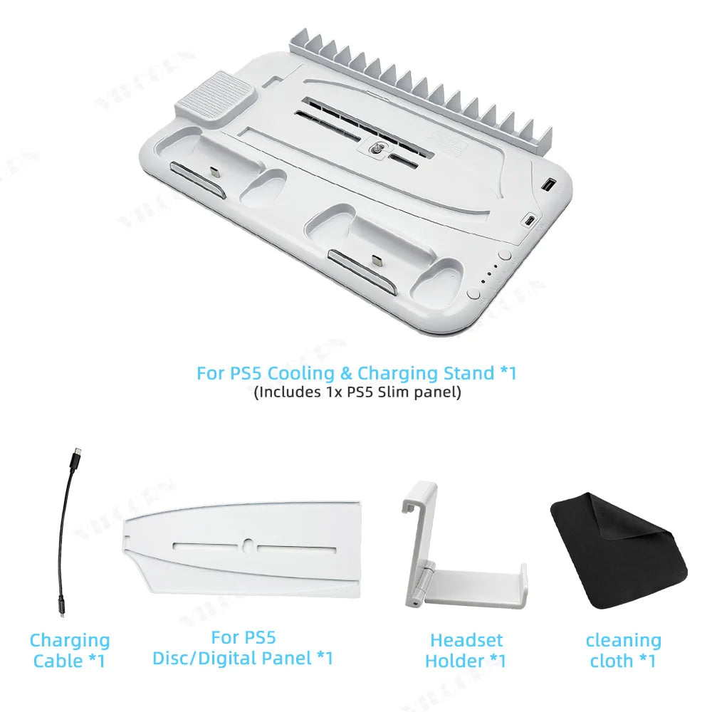 Cooling Stand For PS5/PS5 Slim/Pro Stand with Headphone Hook & Controller Charging Station for PlayStation 5 Console Accessories