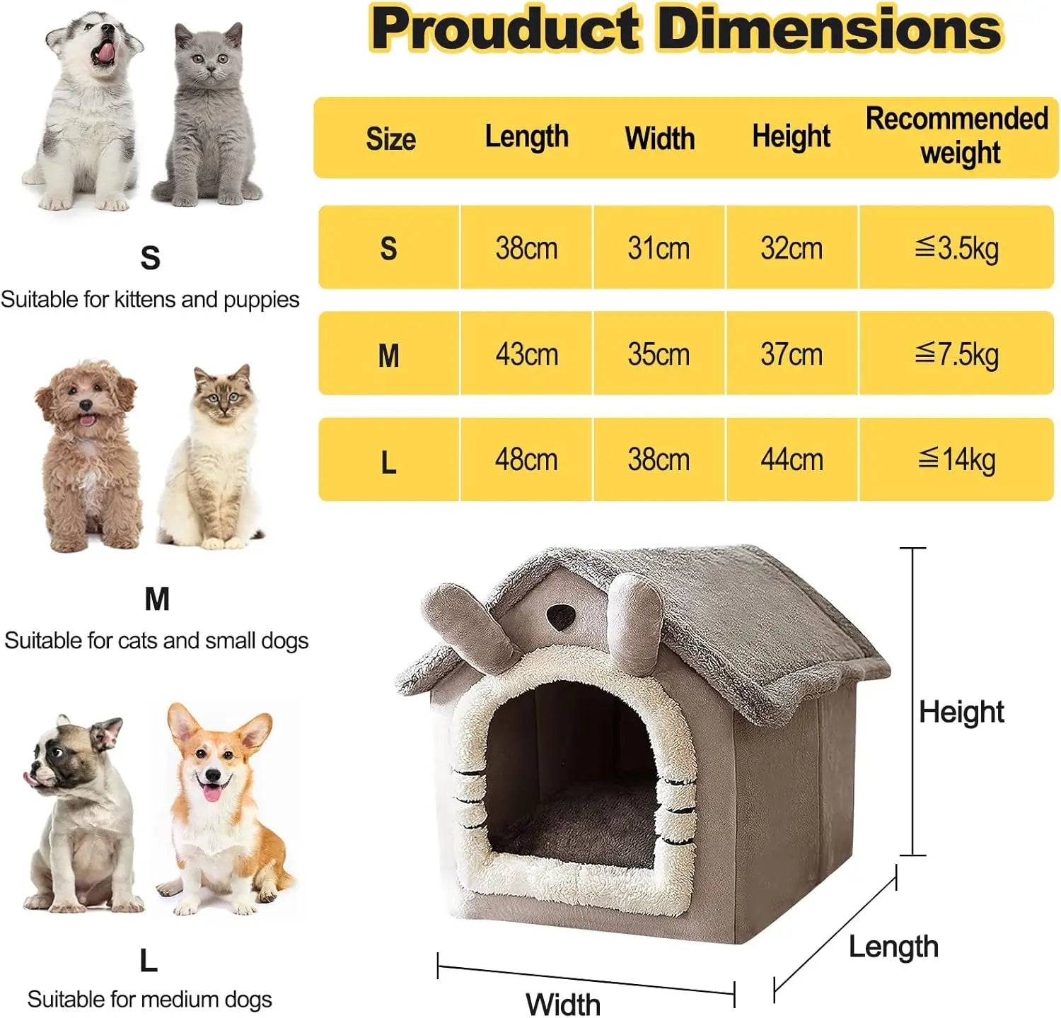 Cat Bed Dog House Gray Soft Plush Detachable Semi Enclosed Foldable Warm Cat Villa Pet Nest Four Season Universal Pet Supplies