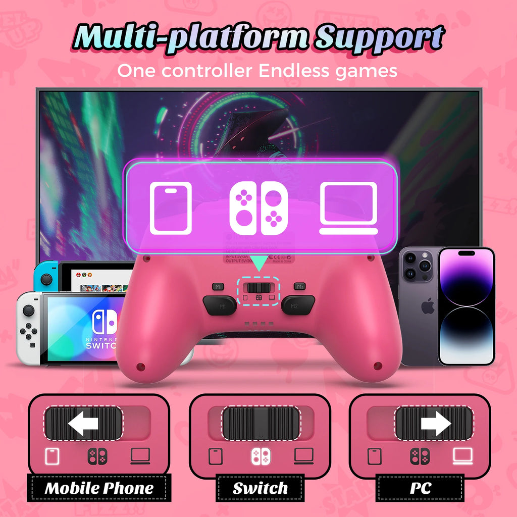 IINE Pink Wireless Controller with Charging Dock for PC/Laptop/Switch/Steam/iPad,support NFC Amiibo Auto-Fire Macro