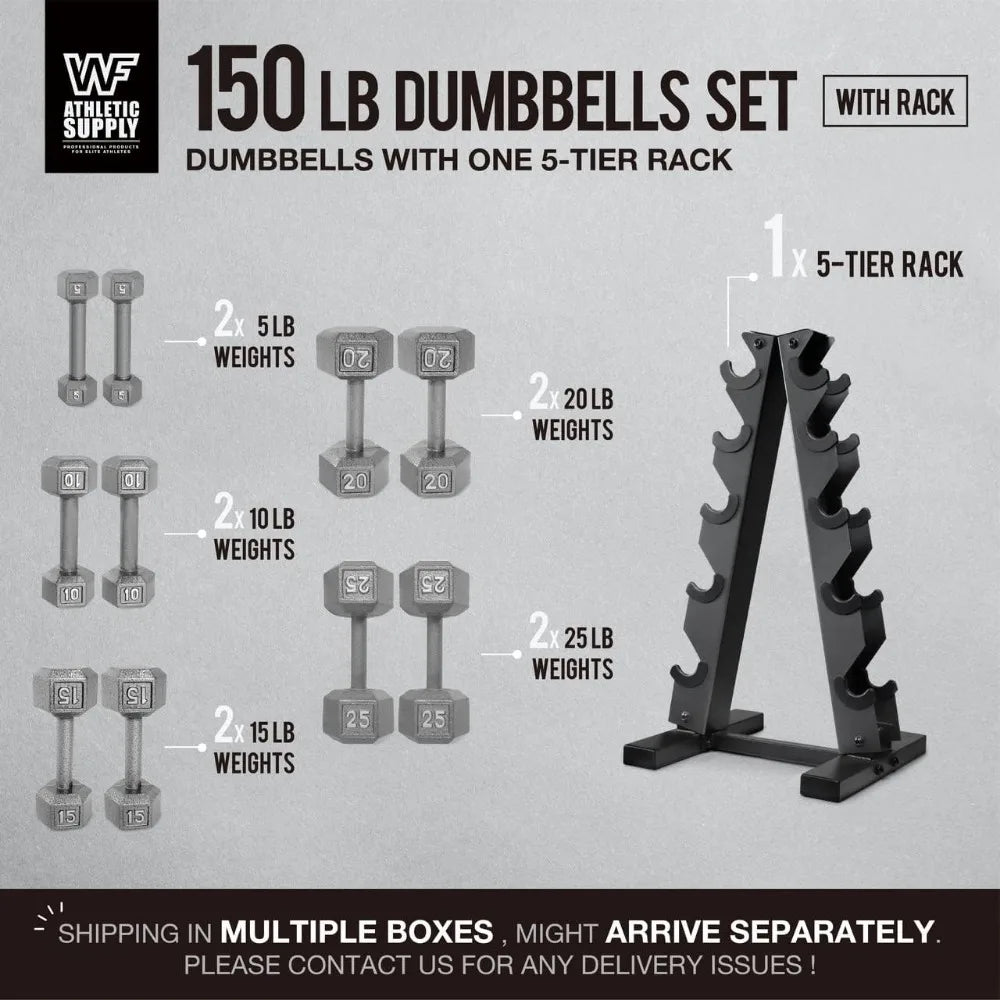 WF Athletic Supply Чугунени дъмбели от 5 до 25 паунда със стойка за съхранение и шестоъгълен дизайн за вдигане на тежести