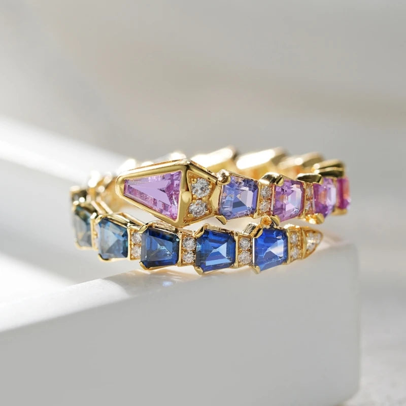 BELLUX Fine Jewelry Customized 18k Gold Material Set Natural Colored Gemstone Snake Shaped Full Diamond Ring