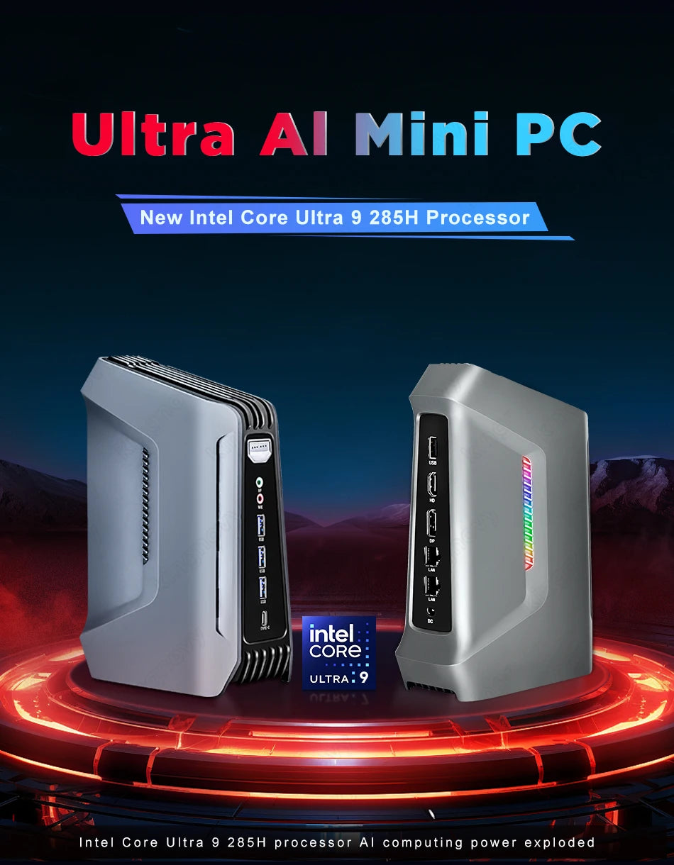 Kingnovy F12 RGB Gamer Mini-PC 14. Intel Ultra 9 285H 7 255H Thunderbolt4 2xDDR5 2xPCIe 2x2,5G LAN Windows 11 KI-Computer WiFi6
