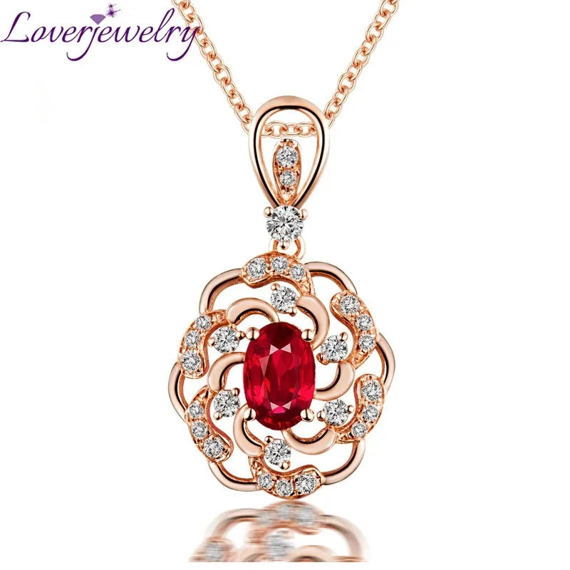 LOVERJEWELRY Elegant Red Ruby Pendant Women Necklace Jewelry Real 14K Rose Gold Natural Diamonds Pendants for Girls Party Gift