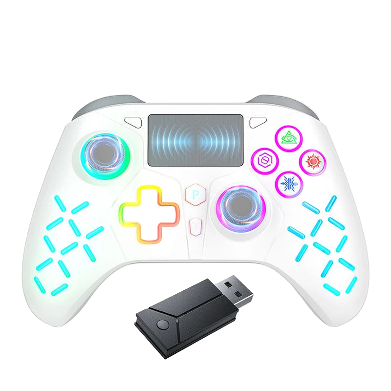 White gaming controller with colorful buttons and a USB adapter on a white background