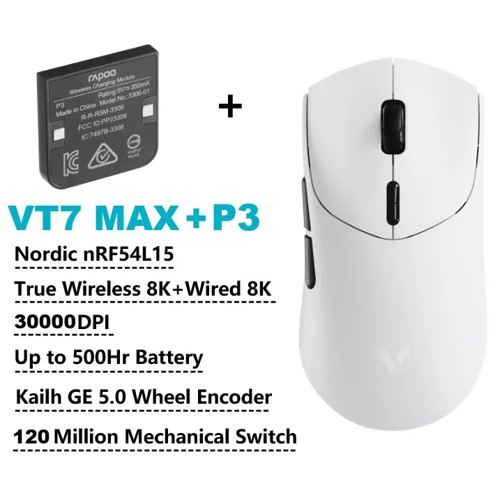 Безжична геймърска мишка Rapoo VT7 /VT7 MAX, True 8K безжична скорост на анкетиране, 53 г, лека, до 500 часа живот на батерията, активирани макроси