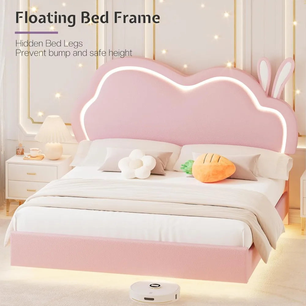 Pink Leather Upholstered Floating Bed Frame with Cute Cloud Headboard for Girls - No Box Spring Needed