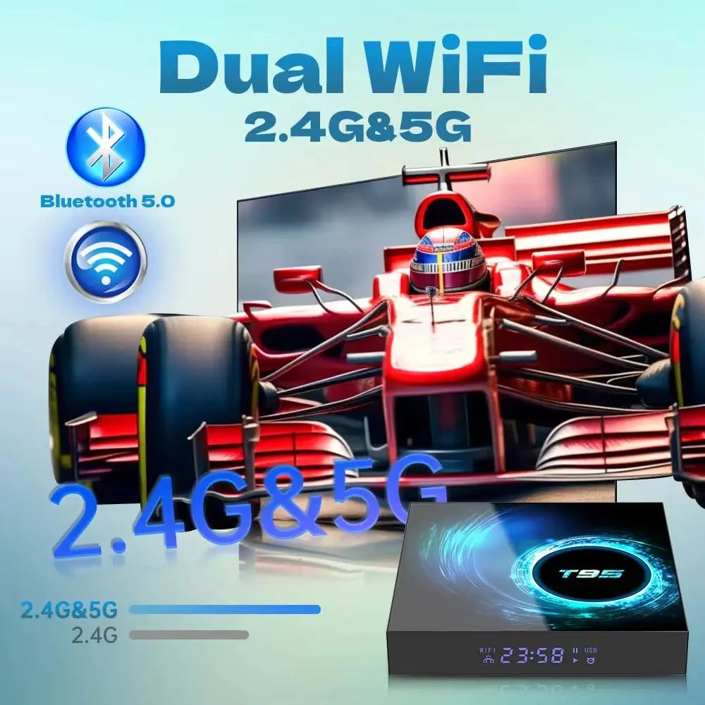 Smart TV Box Android 14 T95 6K Allwinnerh616 Media Player Dual WiFi Bluetooth 5.4 with Remote Support Google Voice Set Top Box