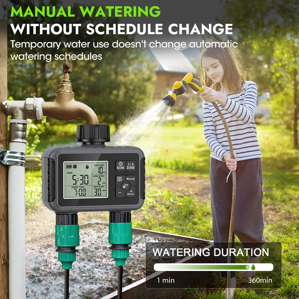 Wassertimer Gartenbewässerungssystem 2 Ausgänge Automatische Zeitventile Controller Regenverzögerung Bewässerung Großes LCD IPX5 Wasserdicht 