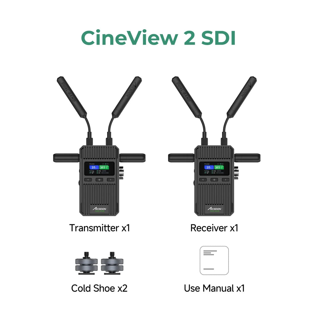 Accsoon Cineview 2 SDI Drahtlose Videoübertragung SDI UVC Livestreaming Bis zu 4 Geräte 450 m Reichweite 0,05 s Latenz Dualband HDMI