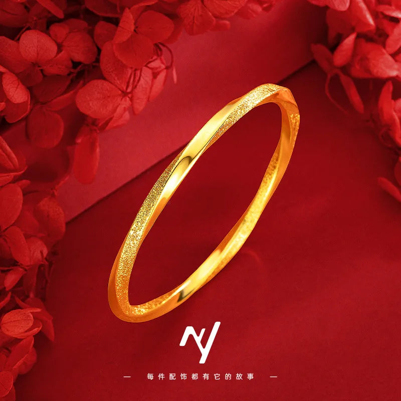 Real 24k Gold 9999 Niche Design Chinese Style Half-nail Sand Texture Mobius Circle Bracelet Women Fine Jewelry