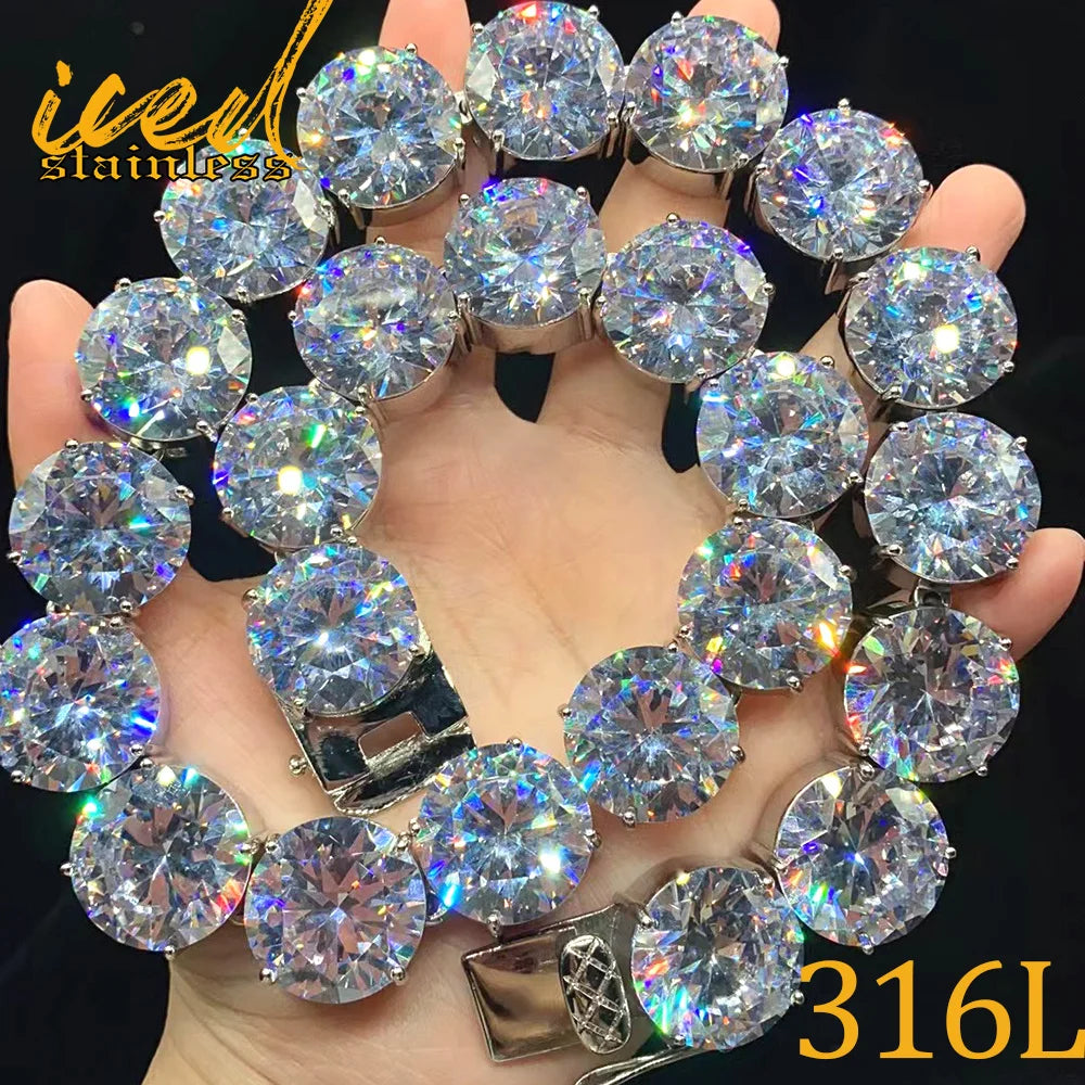 20mm Big Iced Stainless Steel Tennis Link Chain Necklaces for Men Women No Fade Bling Zircon Goth Hip Hop Jewelry Free Shipping