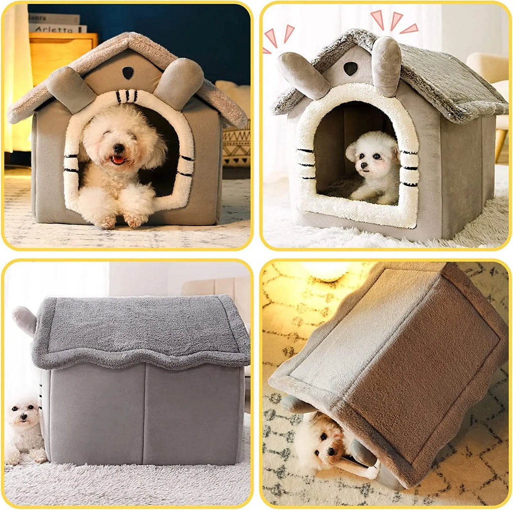 Cat Bed Dog House Gray Soft Plush Detachable Semi Enclosed Foldable Warm Cat Villa Pet Nest Four Season Universal Pet Supplies