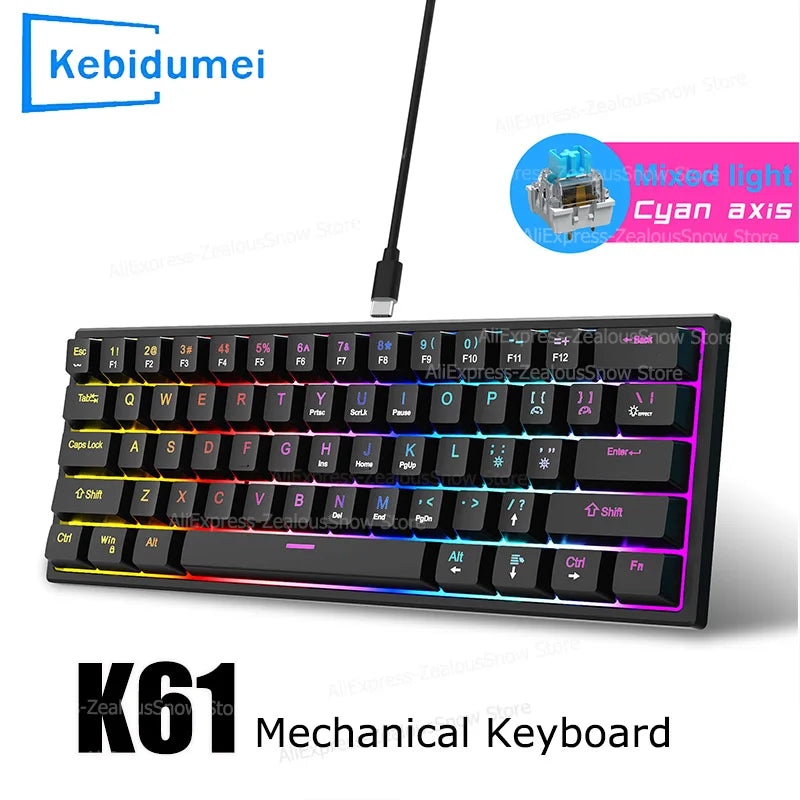 Mechanische Tastatur mit 61 Tasten, kabelgebundene Gaming-Tastatur für Laptop, Desktop, Ergonomie, RGB-Hintergrundbeleuchtung, Cyan-Achsen-Tastenkappen, PC-Zubehör