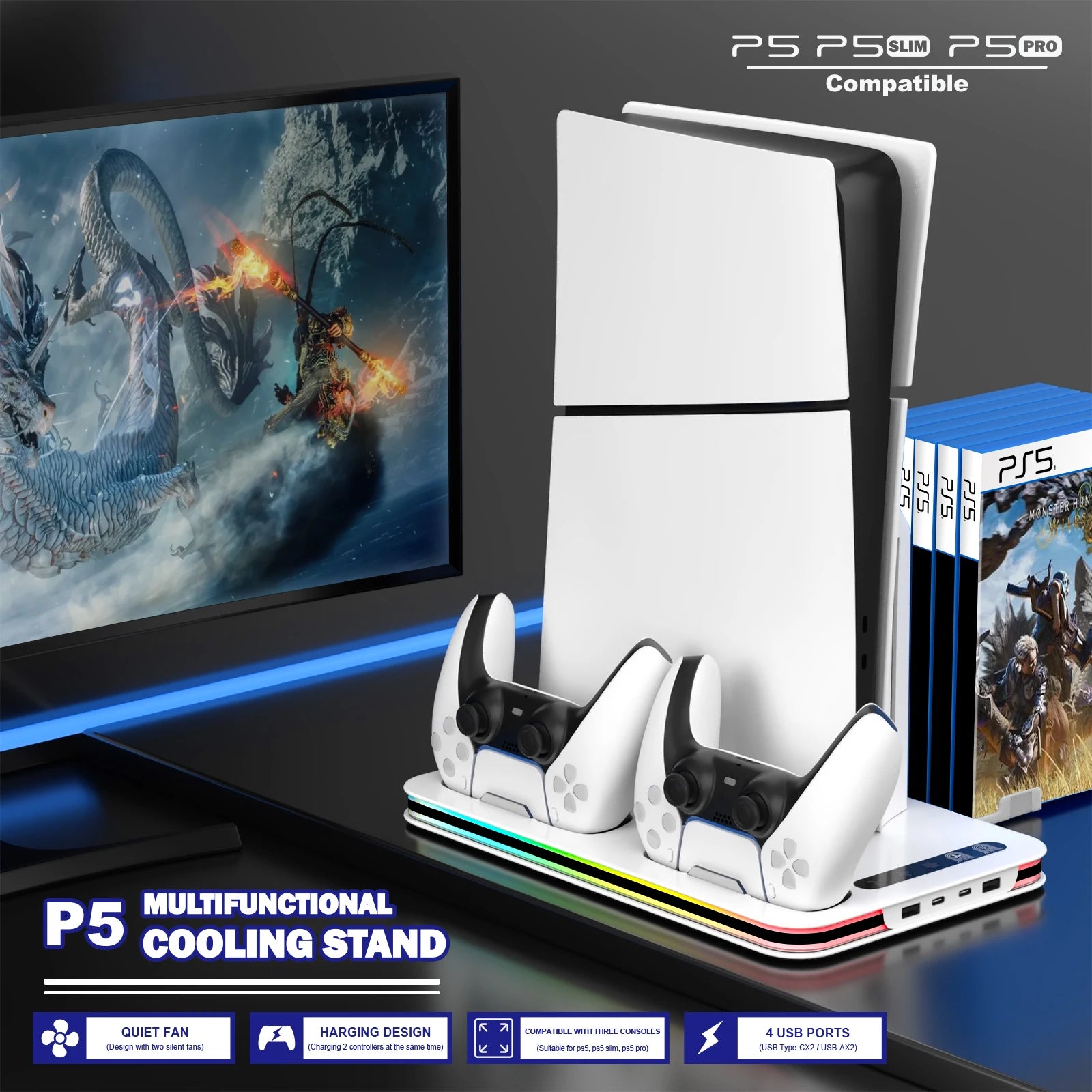 New 4-in-1 Cooling Stand For PS5/PS5 SLIM/PS5 PRO Charging Of dual Controllers  Adjustable RGB Lights With Disc Storage Holde