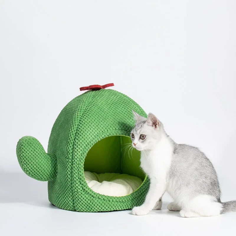 Creative Cactus Shaped Cat House Pet Bed Warm Green Cat Cave Dog Kitten Basket Autumn and Winter Pet Furniture Cat Accessories