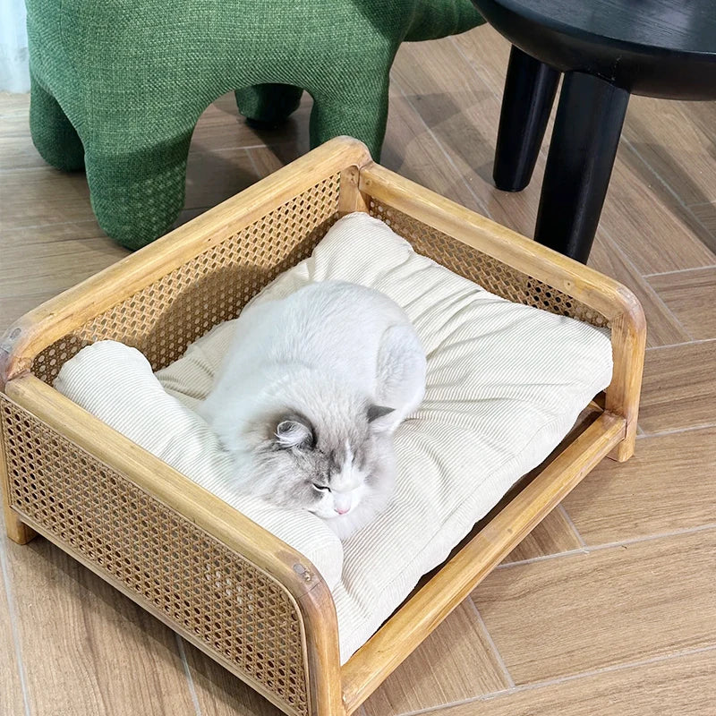 Handwoven Rattan Cat Bed Summer Breathable Pet Sofa Multi-Functional Cat Hammock Space-Saving Minimalist Lounge for Living Room