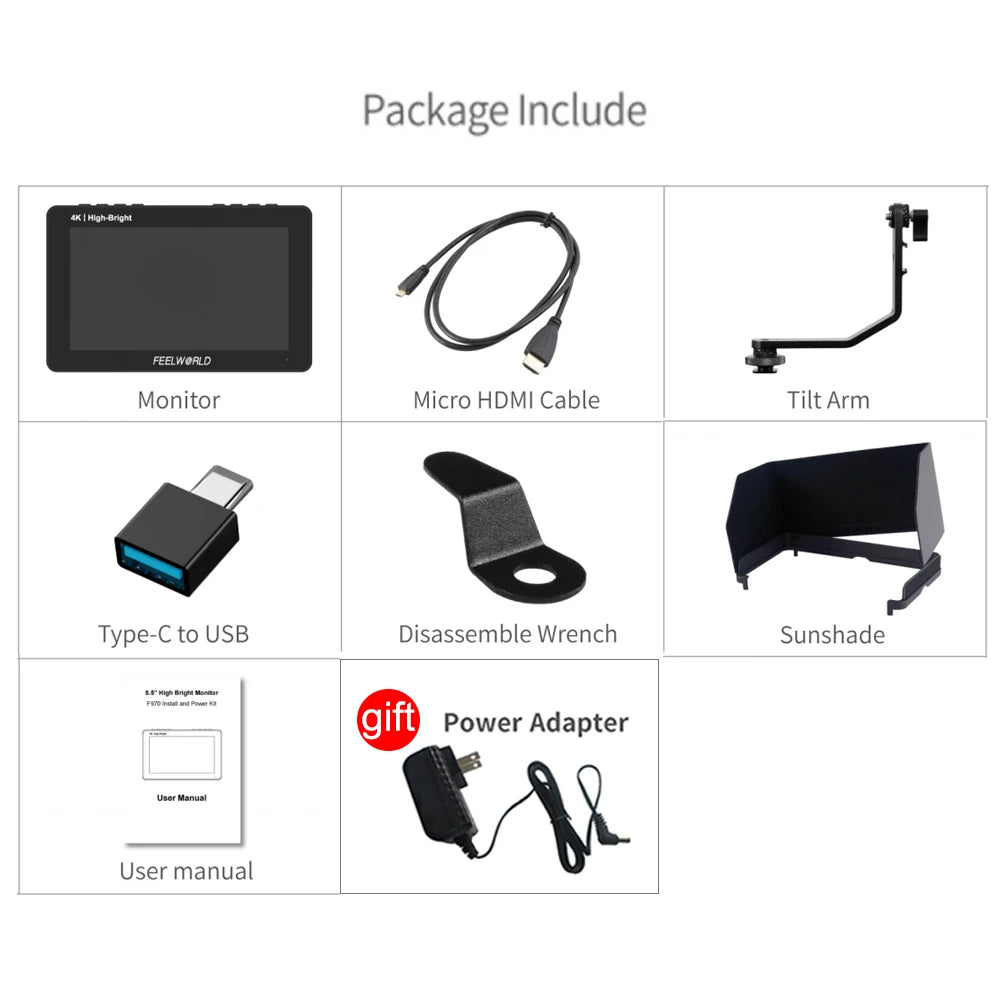 FEELWORLD F5 PROX 5,5 Zoll 1600nit High Bright Touchscreen DSLR-Kamera-Feldmonitor 4K HDMI F970 Installations- und Stromversorgungskit