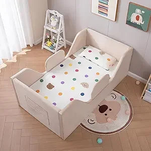Children's Removable Rail Floor Bed with Storage, Standard Crib Size, Safety Upholstered, Suitable for Boys and Girls