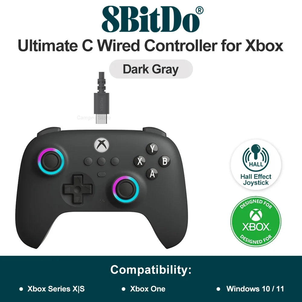8BitDo Ultimate C Wired Controller for Xbox Series X S, Xbox One, PC Windows 10 11 with Hall Effect and RGB Lighting Fire Ring