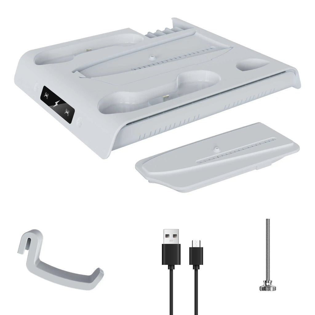 Für PS5/PS5 Slim/PS5 Pro Ständer mit Kopfhörerhaken, PS5-Kühlständer und Controller-Ladestation mit 3-stufigem Kühllüfter