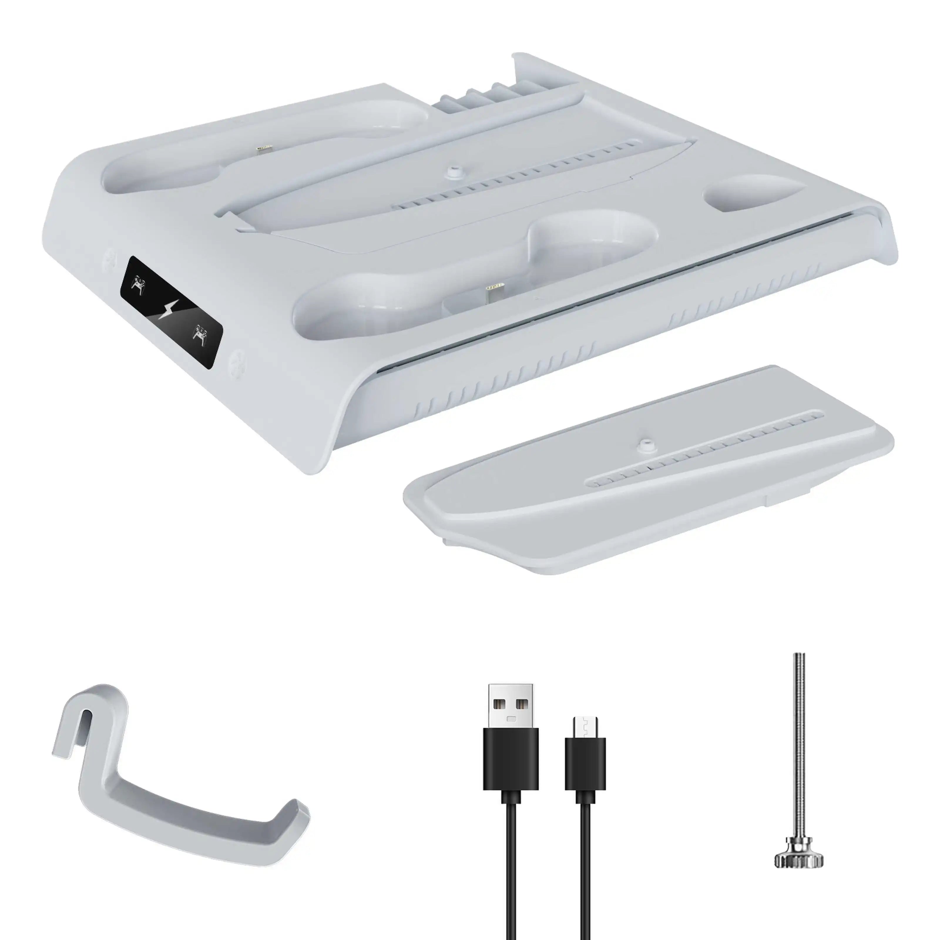 Für PS5/PS5 Slim/PS5 Pro Ständer mit Kopfhörerhaken, PS5-Kühlständer und Controller-Ladestation mit 3-stufigem Kühllüfter