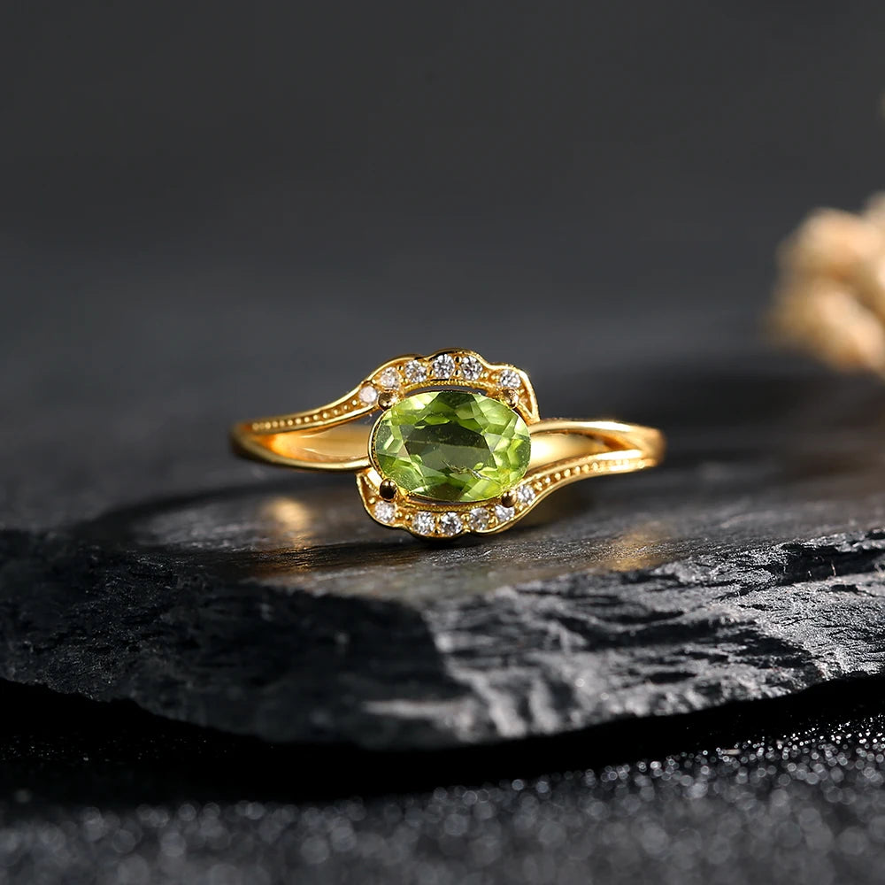 Natural Peridot 925 Silver Ring K Gold Plated Twisted Adjustable Bands Birthstone Healing Crystal Jewelry Boho Gift