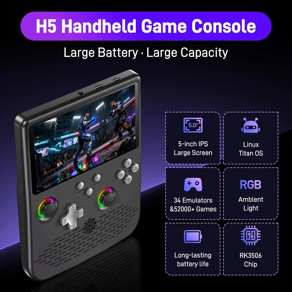 H5 Handheld Video Game Console 5-inch IPS Screen 4000mAh Portable Game Player with 52000+ Retro Games