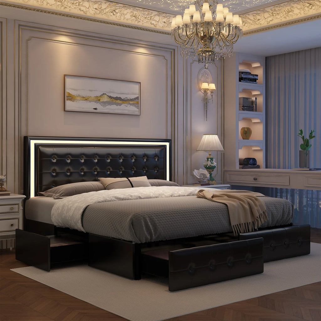 GEGOFORU Queen LED Bed Frame with 4 Storage Drawers, RGBW Headboard, PU Upholstered, No Box Spring Needed, 900 lbs Support