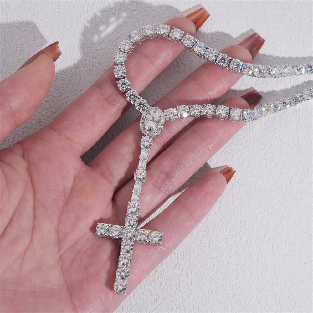 3mm Moissminer VVS Moissanite Long Cross Pendant with Tennis Link Chain Necklaces For Men Women S925 Silver Choker GRA Hip Hop