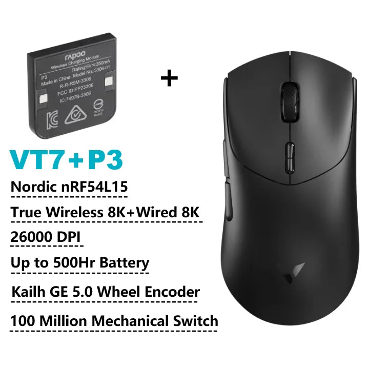 Безжична геймърска мишка Rapoo VT7 /VT7 MAX, True 8K безжична скорост на анкетиране, 53 г, лека, до 500 часа живот на батерията, активирани макроси