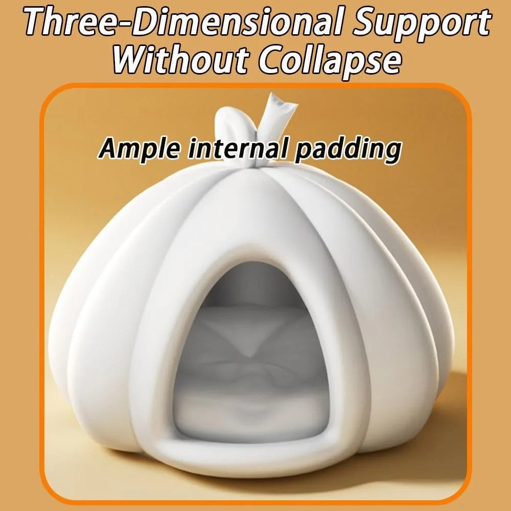 cozy pumpkin-shaped pet bed with removable mat, ideal for cats and small dogs, complete with warm nest for comfortable sleeping