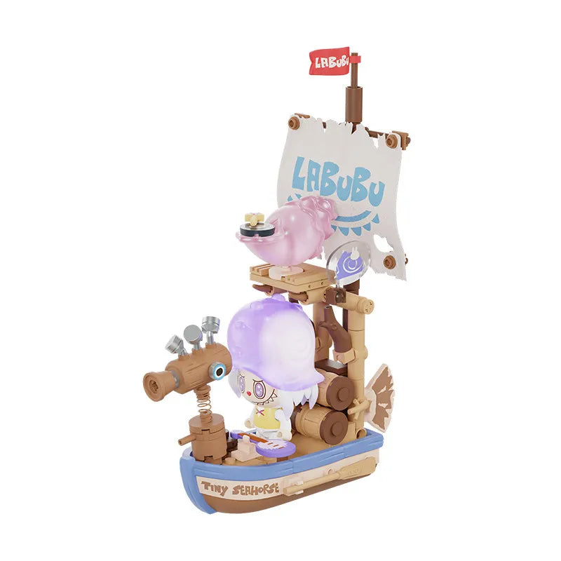 Genuine Pop Mart Labubu Themonsters Chasing Mermaids Series Blocks Fish Boat Puzzle Toys Pirate Ship Building Set For Collectors