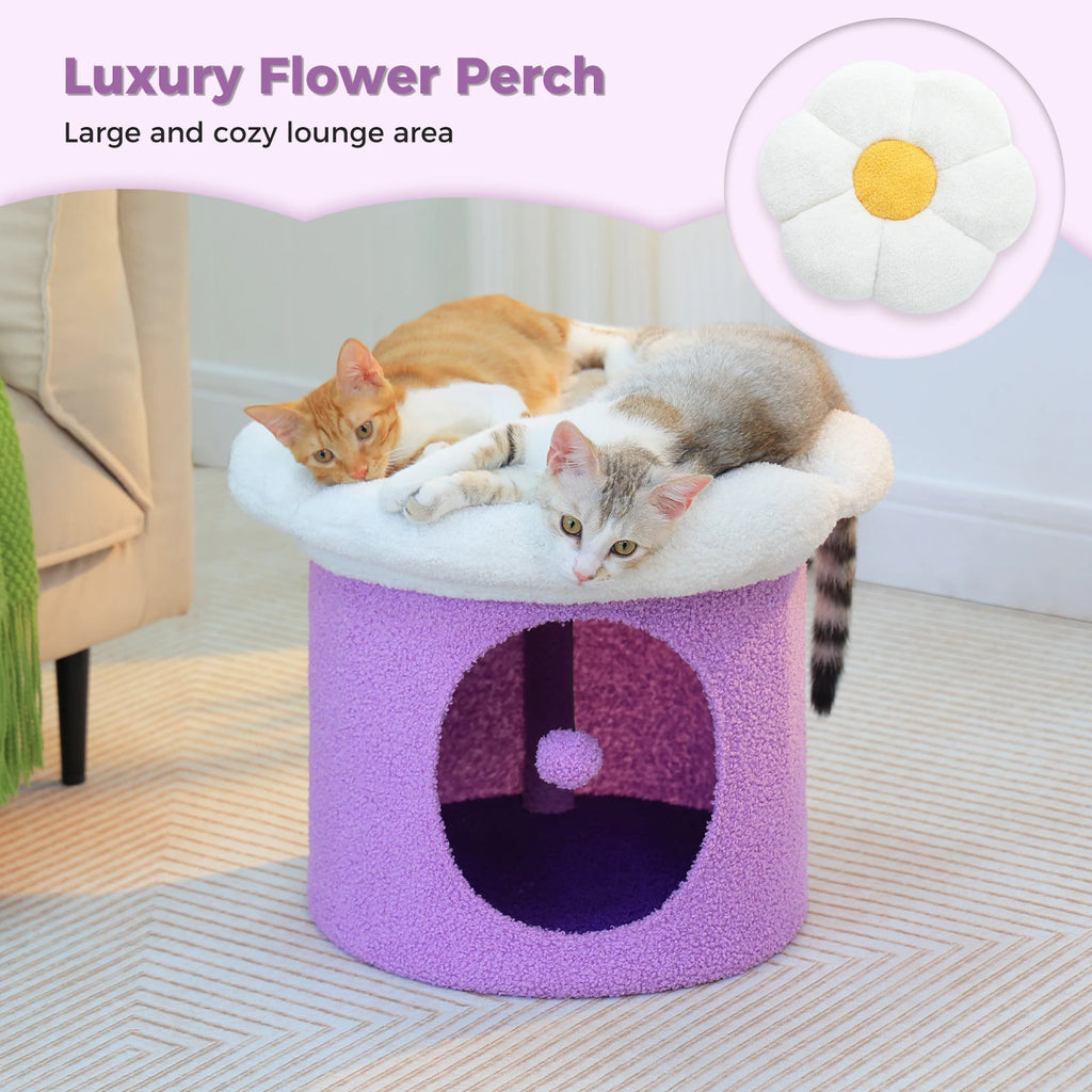 Flower Cat House with Pompom Ball, Double-Deck, Large Cat Condo, Bed with Soft Flower Perch, Spacious Cozy Condo for Multi Cats