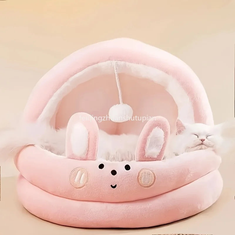 Comfortable Plush Pink Plush Cat Bed Detachable Washable Padded Kitten House with Cute Rabbit Ears and Cute Hanging Balls