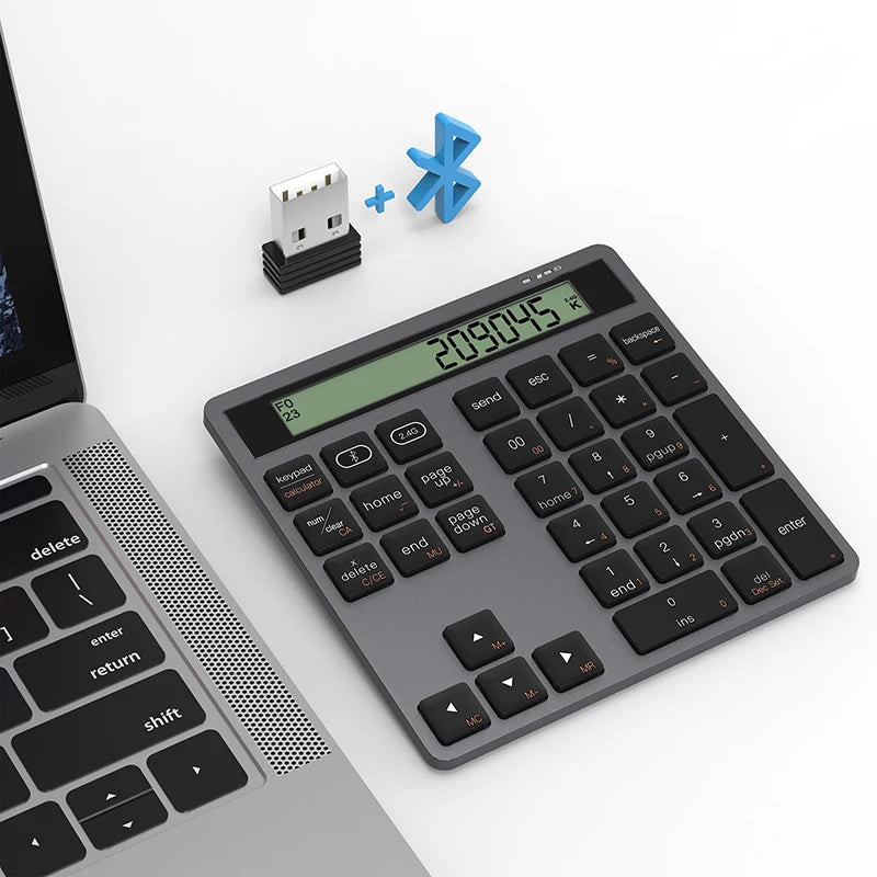 2.4G Wireless Bluetooth Numeric Keyboard with Screen Display Calculator 2 in1 Portable Wireless Number Keypad for Win/Mac