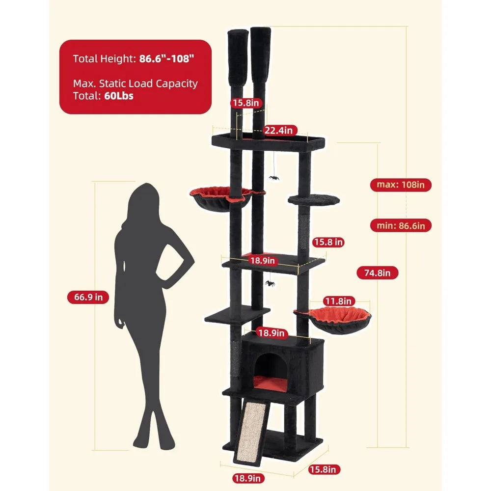 Gothic Floor to Ceiling Cat Tree for Large Cats, Large Perch Beds, Adjustable Halloween Tower [86''-108''=220-274CM], Corner Cli