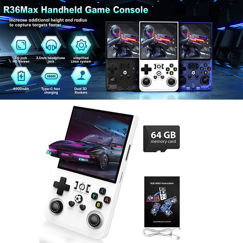 Open Source  Retro Handheld Game Console Linux System 4.0 Inch IPS Screen R36MAX Portable Video Player Kids Gift