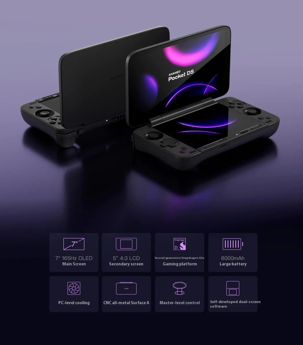 AYANEO Pocket DS Game Console 7" 1080P 165Hz OLED Screen 8000mAh Portable Android Handheld Console Dual Screen Flip Game Machine
