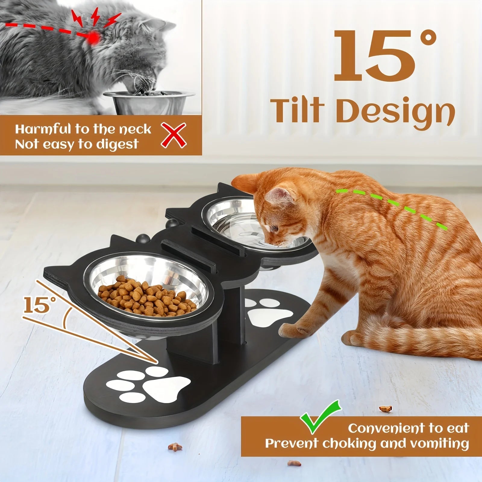 Cat 3 Bowls in 1 Feeder Feeding & Watering Supplies Food Bowl 15-Degree Tilt Raised Puppy 3 Stainless Steel Bowls Wood Brackets
