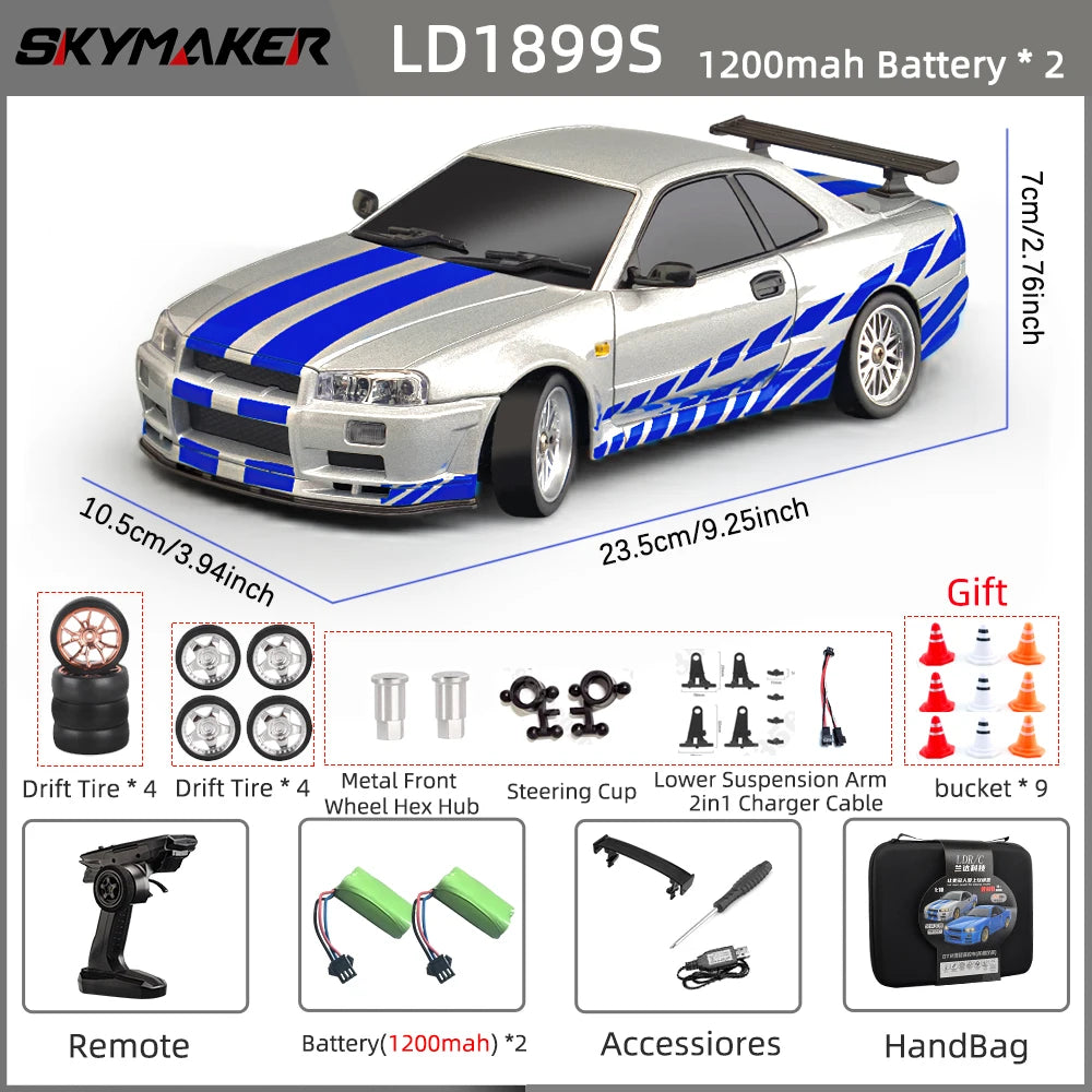 Skymaker LDRC 1/18 RC Drift Car LD1899 GTR-Modus R34 2,4 GHz RWD mit Gyroskop On-Road-Legierung Karosserie Rennwagen für Jungen Geschenke